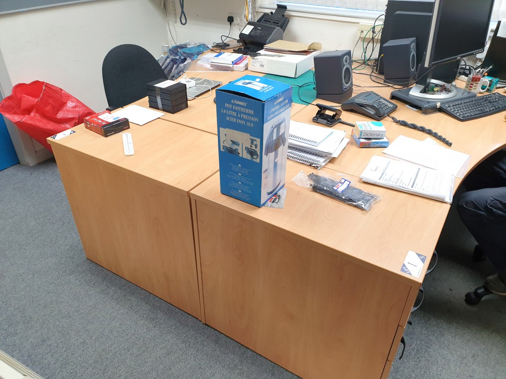 2x beech 1600x1200mm curved office desks with 2x b...