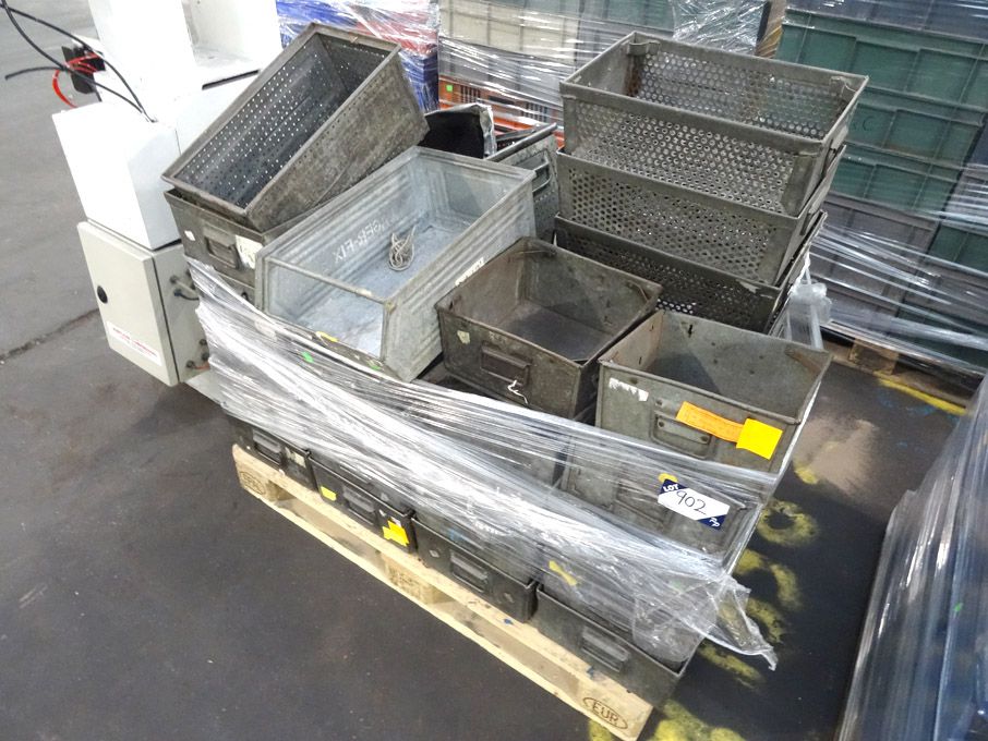 Qty various size metal tote bins on pallet