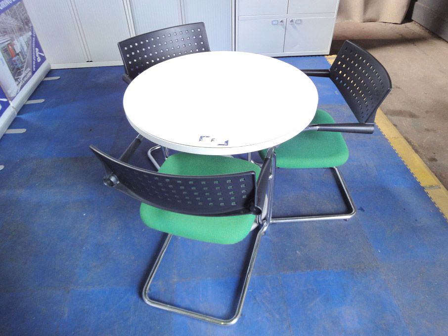 800mm dia round wooden table with 3x Vitra green u...